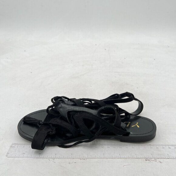 YDN Black Women Sexy Knee High Lace up Flats Fringe Low Heel Gladiator Strap - Picture 2 of 8